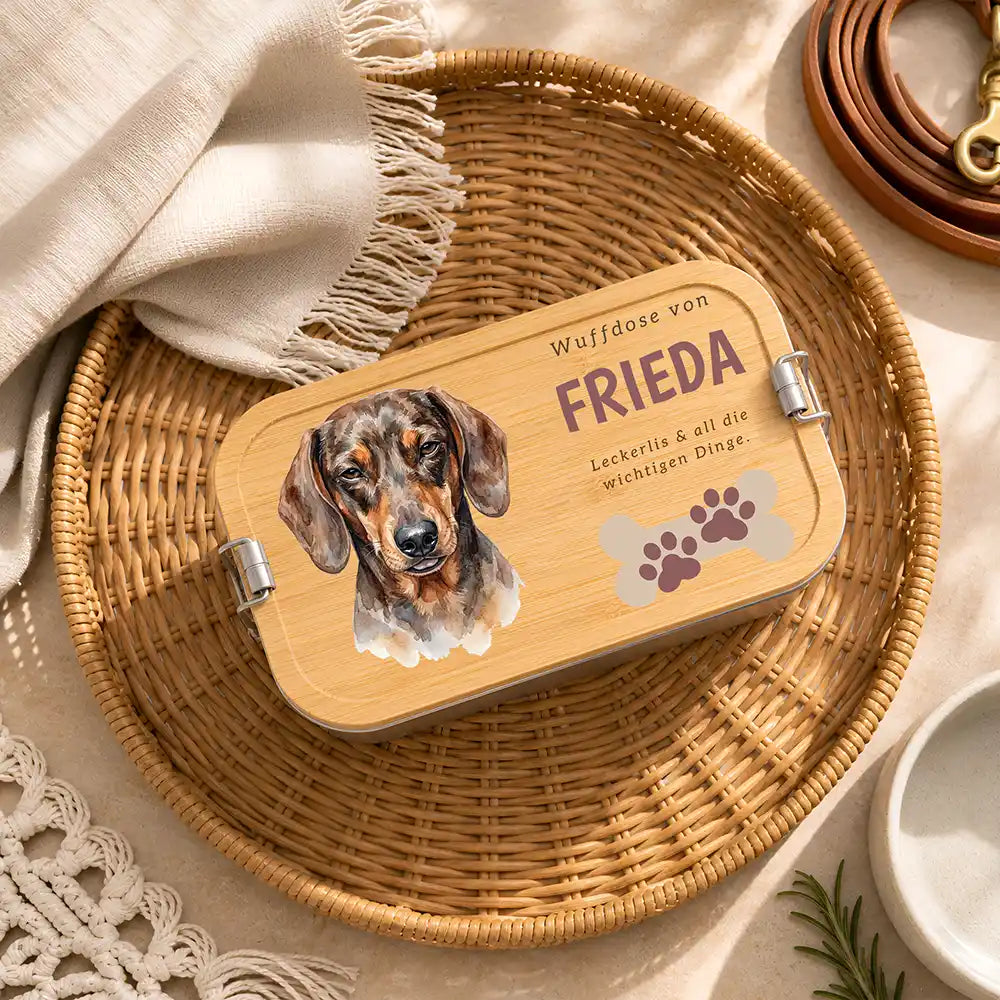 Personalisierte Leckerlidose Hund Wuffdose mit Pfötchen-Knochen – Hauptbild Edelstahl-Bambus 3