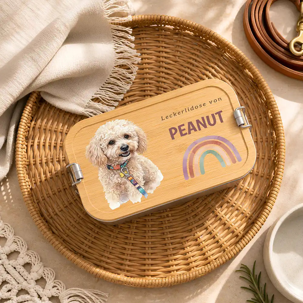 Personalisierte Leckerlidose Hund Pfötchen-Akzent Pastell – Hauptbild Edelstahl-Bambus 3