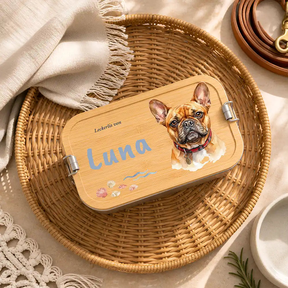 Personalisierte Leckerlidose Hund Strand & Muscheln – Hauptbild Edelstahl-Bambus 3