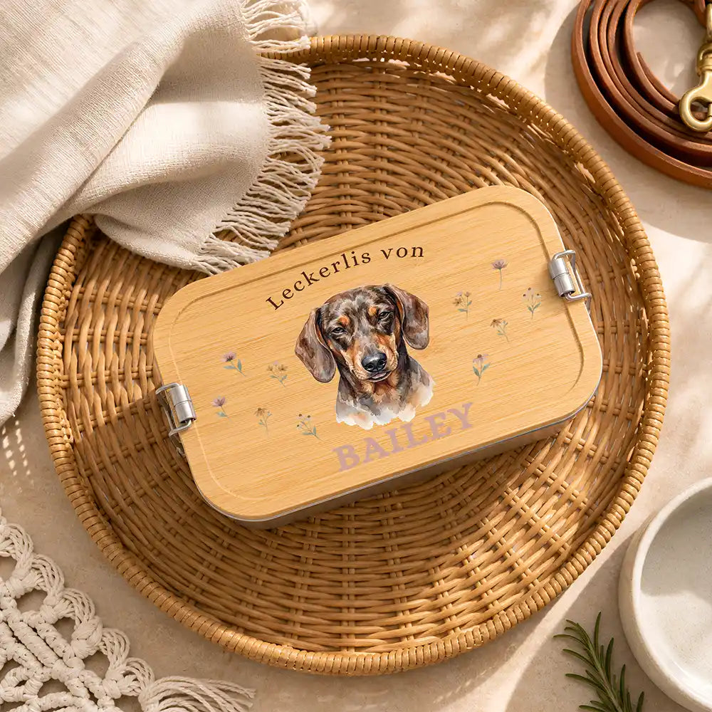 Personalisierte Leckerlidose Hund Lieblings-Snacks Wildblumen – Hauptbild Edelstahl-Bambus 3