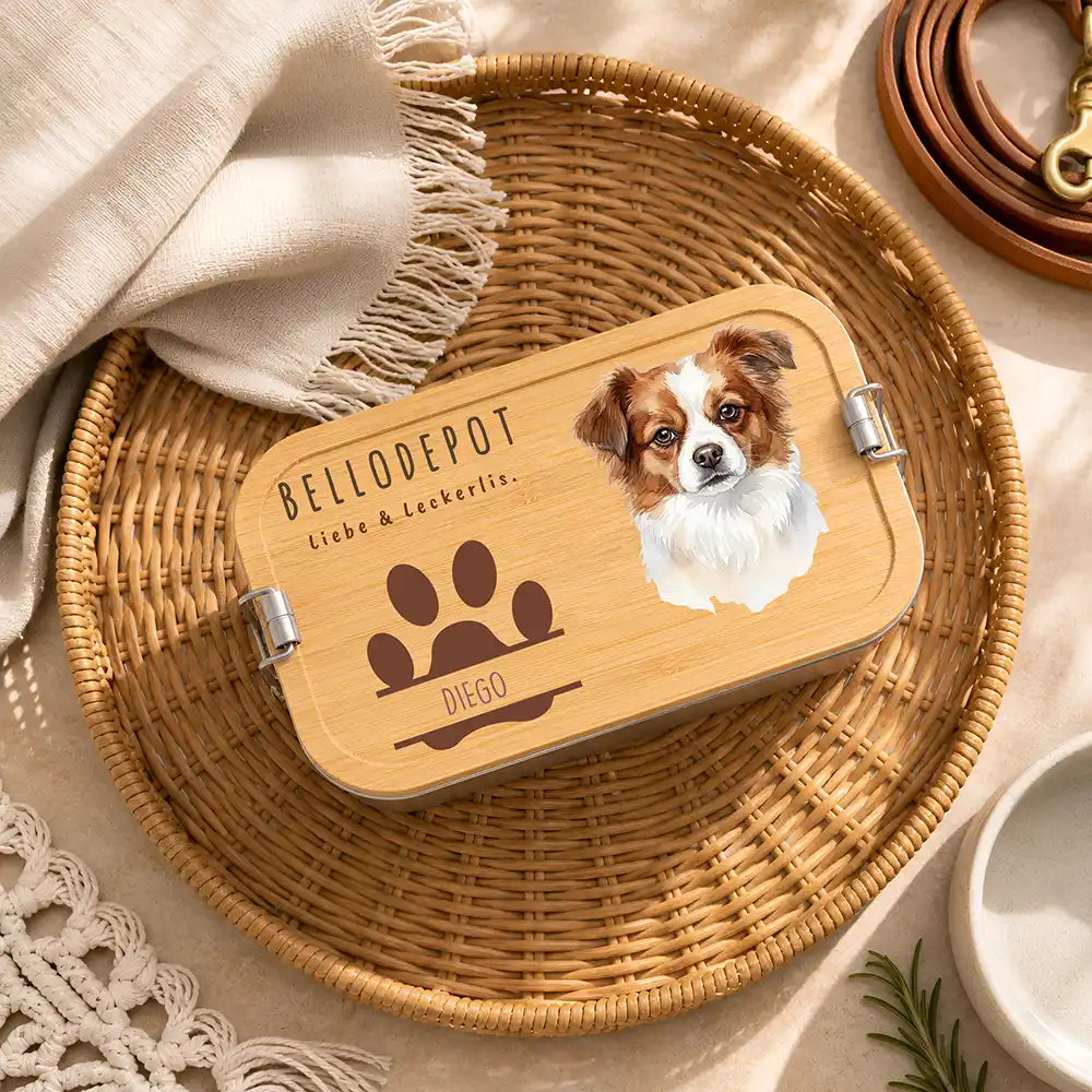 Personalisierte Leckerlidose Hund Bellodepot mit Pfoten-Trio – Hauptbild Edelstahl-Bambus 3 mit Australian Shepherd Varian...