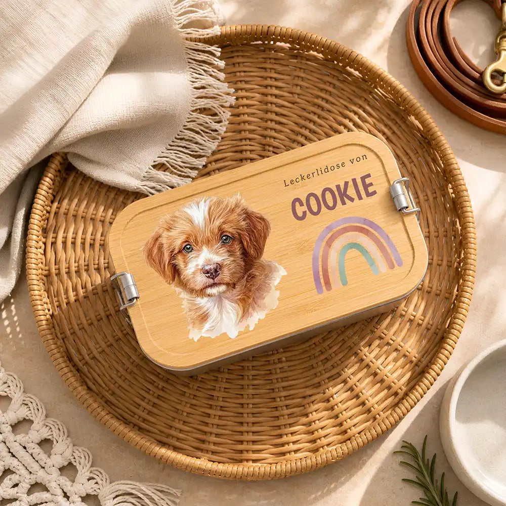 Personalisierte Leckerlidose Hund Pfötchen-Akzent Pastell – Hauptbild Edelstahl-Bambus 3 mit Dackel Variante 3