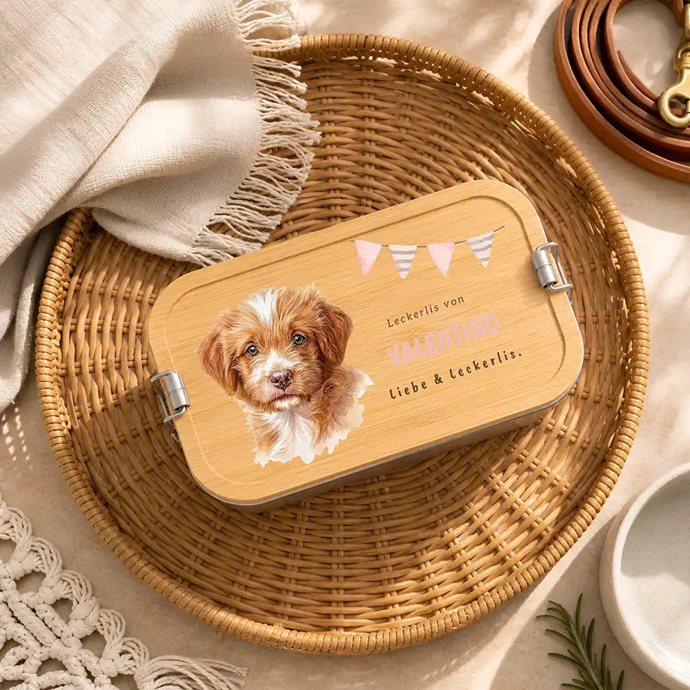 Personalisierte Leckerlidose Hund Wildblumen-Akzent – Hauptbild Edelstahl-Bambus 3 mit Dackel Variante 3