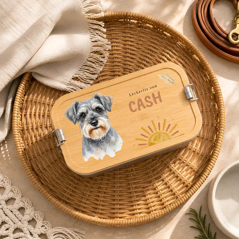 Personalisierte Leckerlidose Hund Sonnenaufgang Boho – Hauptbild Edelstahl-Bambus 3 mit French Bulldog (fawn) Variante 3