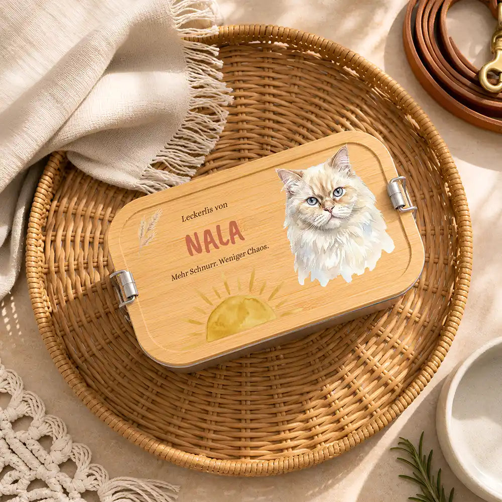 Personalisierte Leckerlidose Katze Schnurr-Snacks Sonnenaufgang – Hauptbild Edelstahl-Bambus 3 mit Perserkatze / Himalayan...