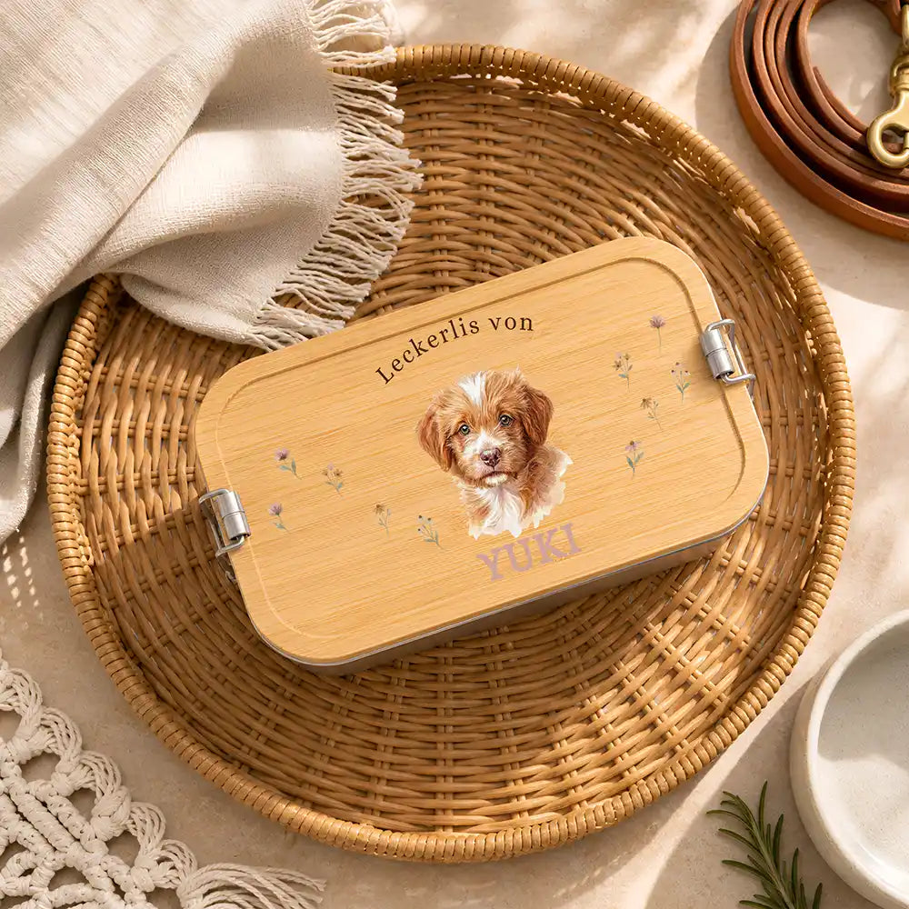 Personalisierte Leckerlidose Hund Lieblings-Snacks Wildblumen – Hauptbild Edelstahl-Bambus 3 mit Dackel Variante 3