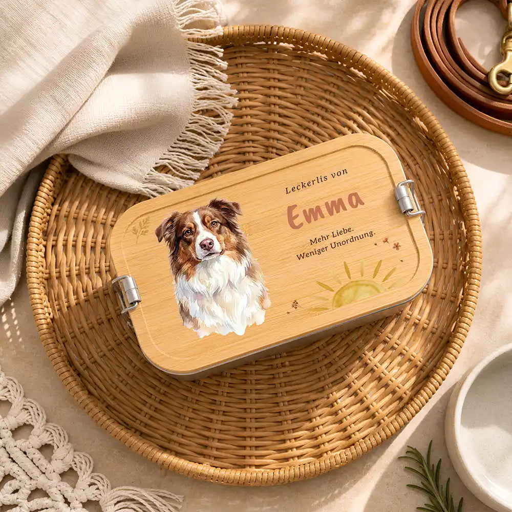 Personalisierte Leckerlidose Hund Sonne mit Streublumen – Hauptbild Edelstahl-Bambus 3 mit French Bulldog (fawn) Variante 3