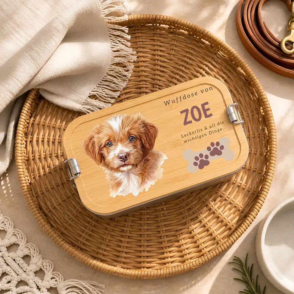 Personalisierte Leckerlidose Hund Wuffdose mit Pfötchen-Knochen – Hauptbild Edelstahl-Bambus 3 mit Dackel Variante 5