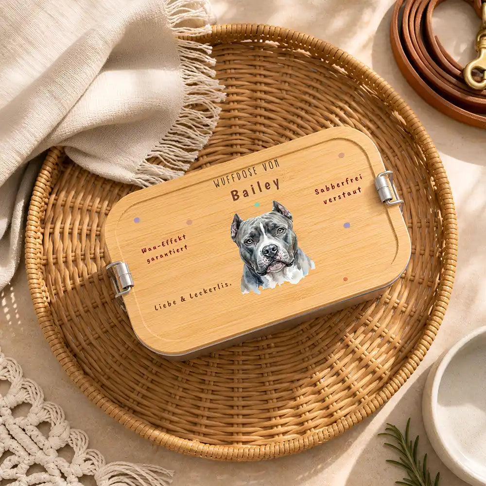 Personalisierte Leckerlidose Hund Wuffdose mit Knochen-Pfote – Hauptbild Edelstahl-Bambus 3 mit Australian Shepherd Varian...