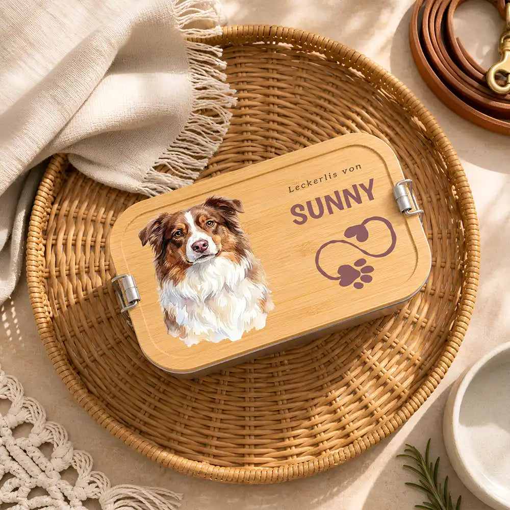 Personalisierte Leckerlidose Hund Klassisch mit Herzen – Hauptbild Edelstahl-Bambus 3 mit French Bulldog (rot-fawn) Varian...