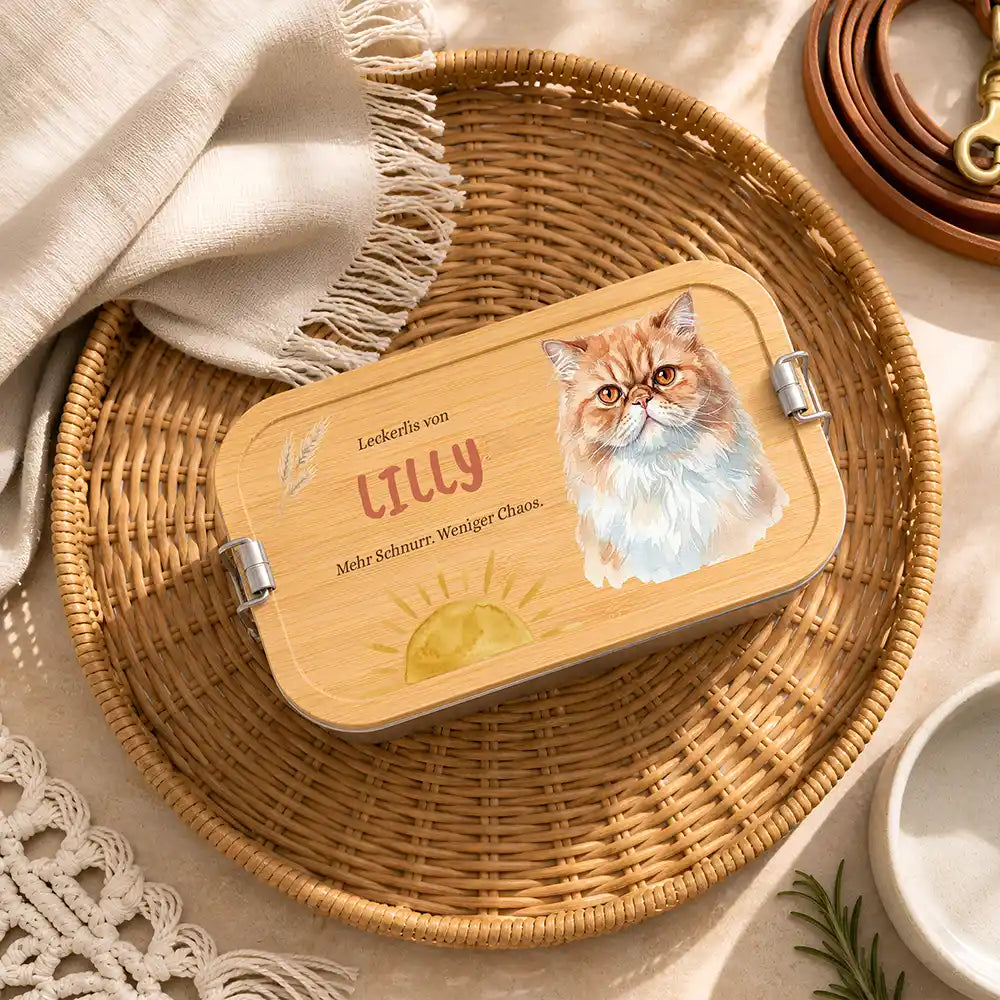 Personalisierte Leckerlidose Katze Schnurr-Snacks Sonnenaufgang – Hauptbild Edelstahl-Bambus 3 mit Perserkatze / Himalayan...