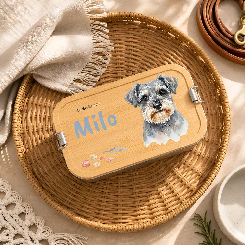 Personalisierte Leckerlidose Hund Strand & Muscheln – Hauptbild Edelstahl-Bambus 3 mit French Bulldog (fawn) Variante 5