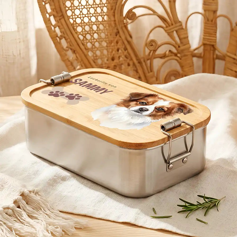 Personalisierte Leckerlidose Hund Klassisch mit Pfötchen-Trio – Detail Bügelverschluss
