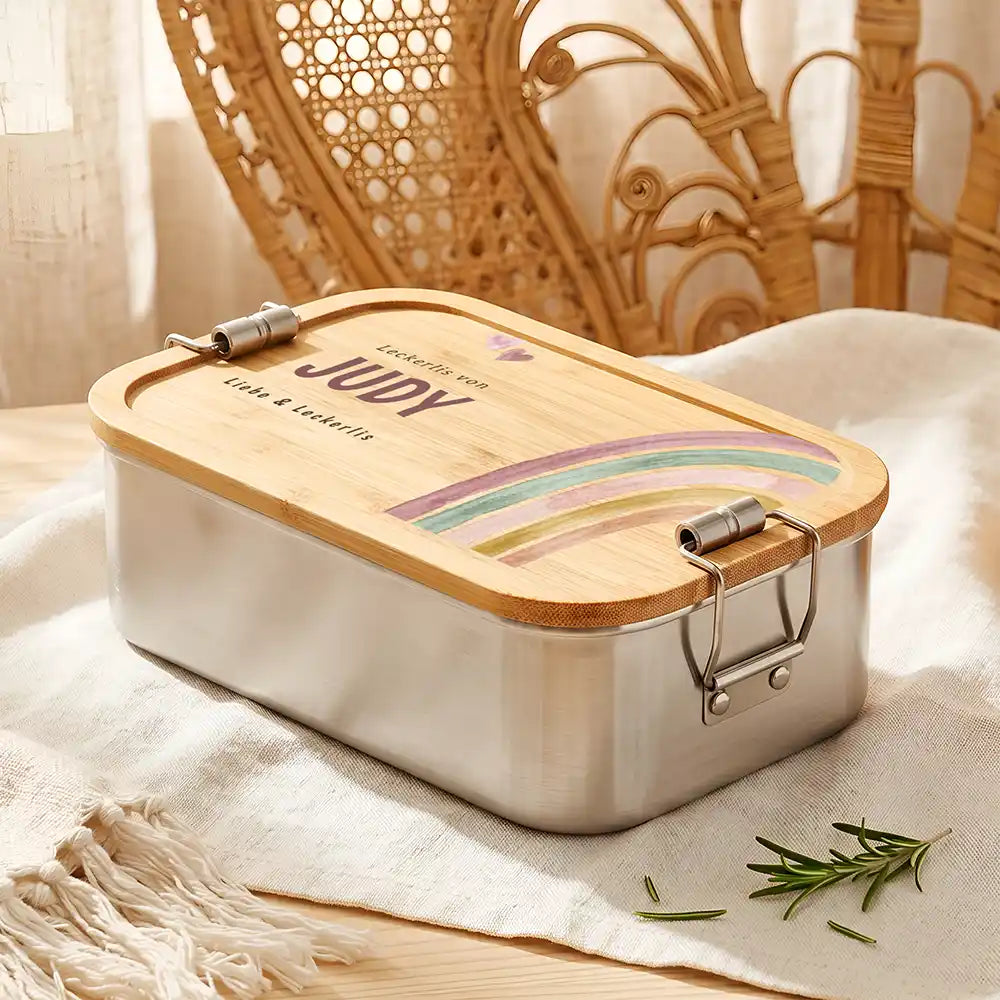 Personalisierte Leckerlidose Hund & Katze Regenbogen pastell (universal) – Detail Bügelverschluss