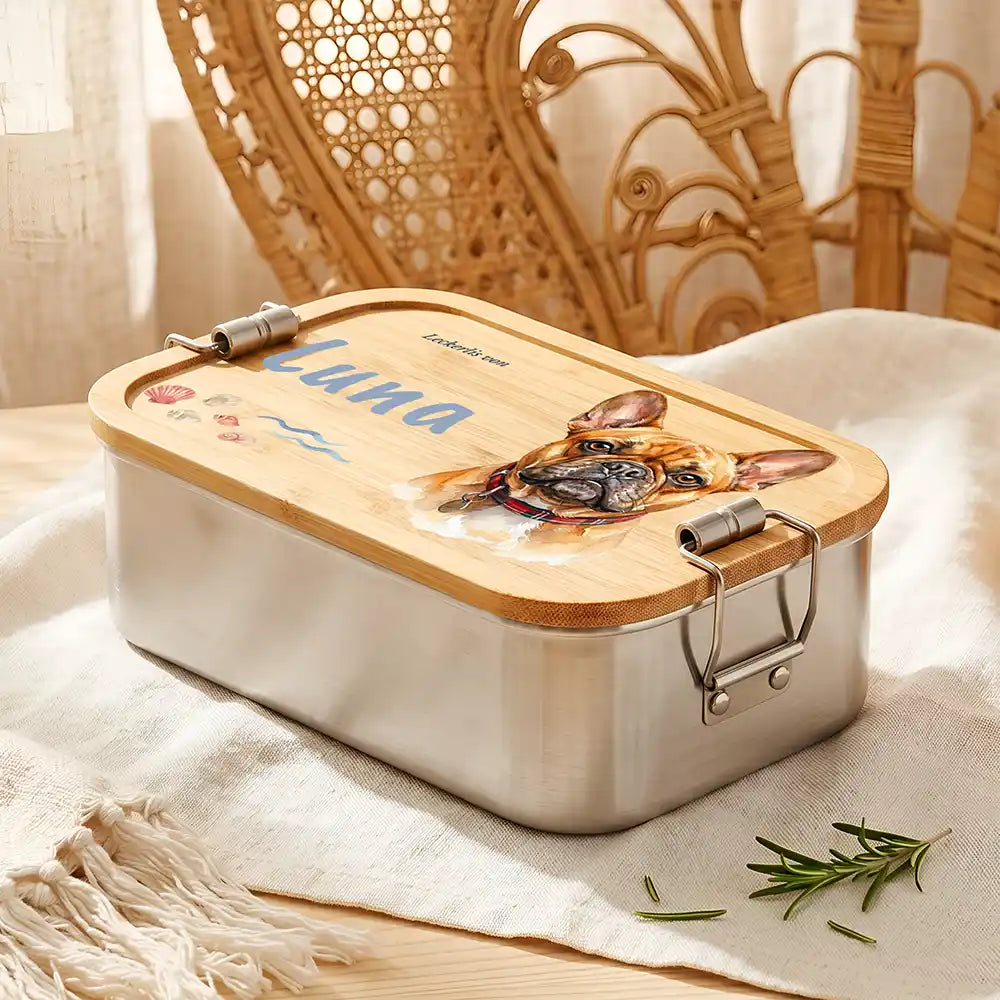 Personalisierte Leckerlidose Hund Strand & Muscheln – Detail Bügelverschluss