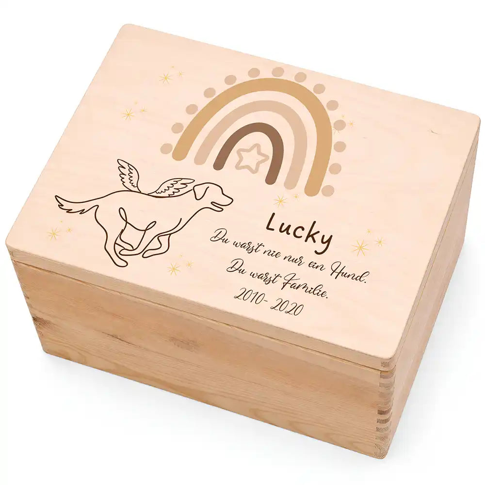 Tierurne Hund Holz – Boho-Regenbogen mit Engelshund, Hauptbild Deckel