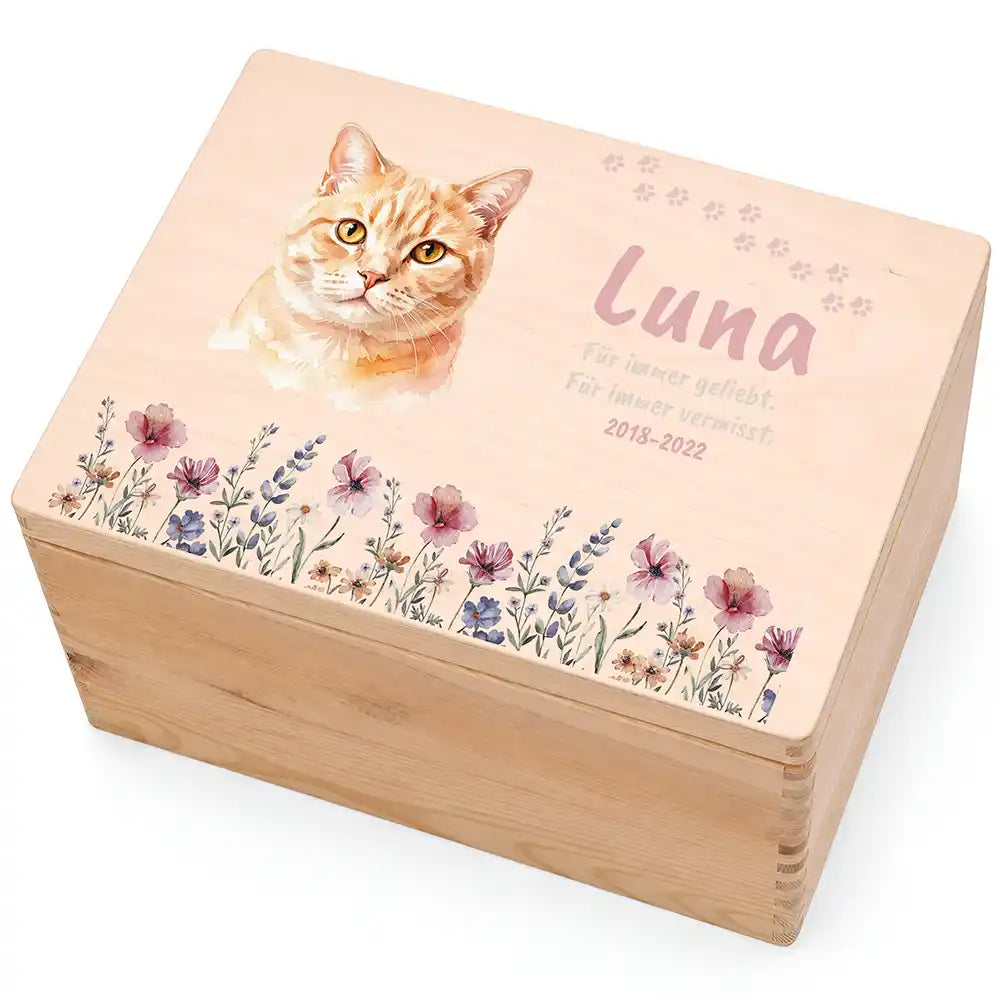 Tierurne Katze Holz – Aquarell-Porträt Katze mit Wildblumen, Hauptbild Deckel