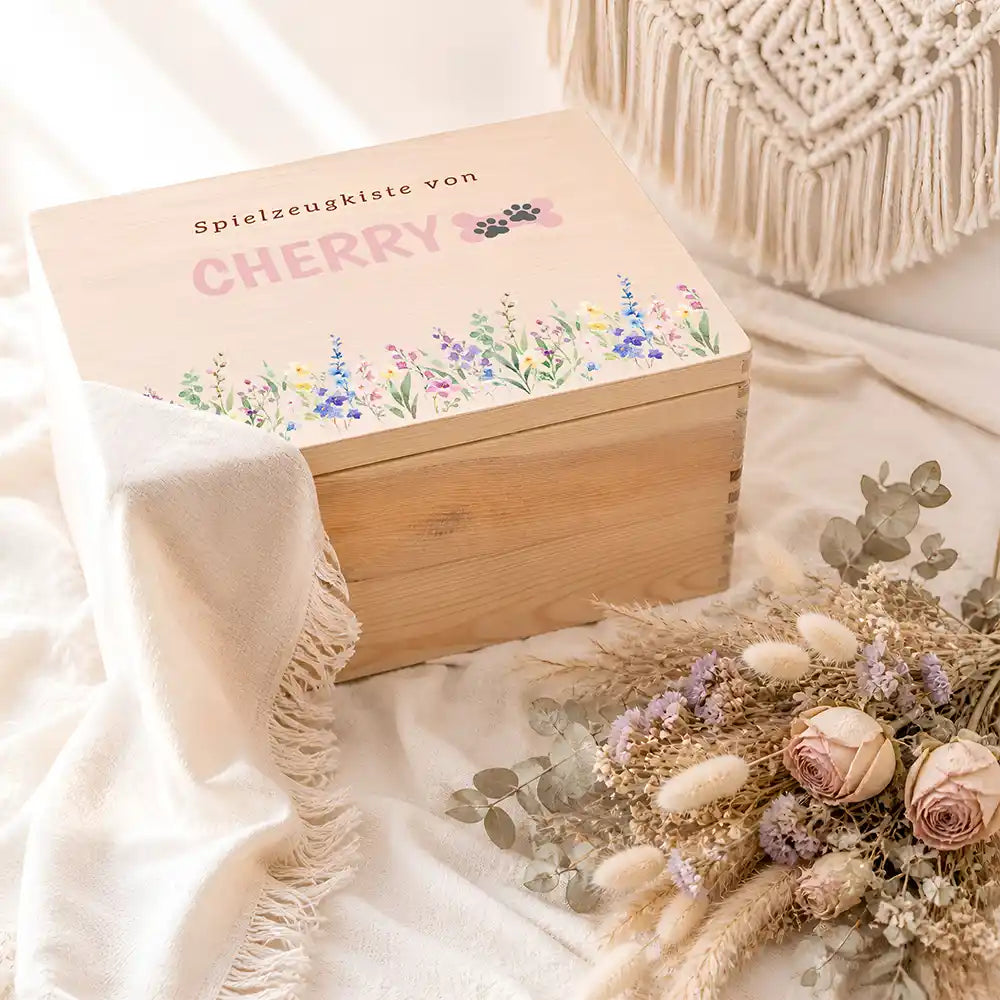 Personalisierte Spielzeugkiste Hund Wildblumen mit Knochen-Pfote – Ambiente Hundezubehör