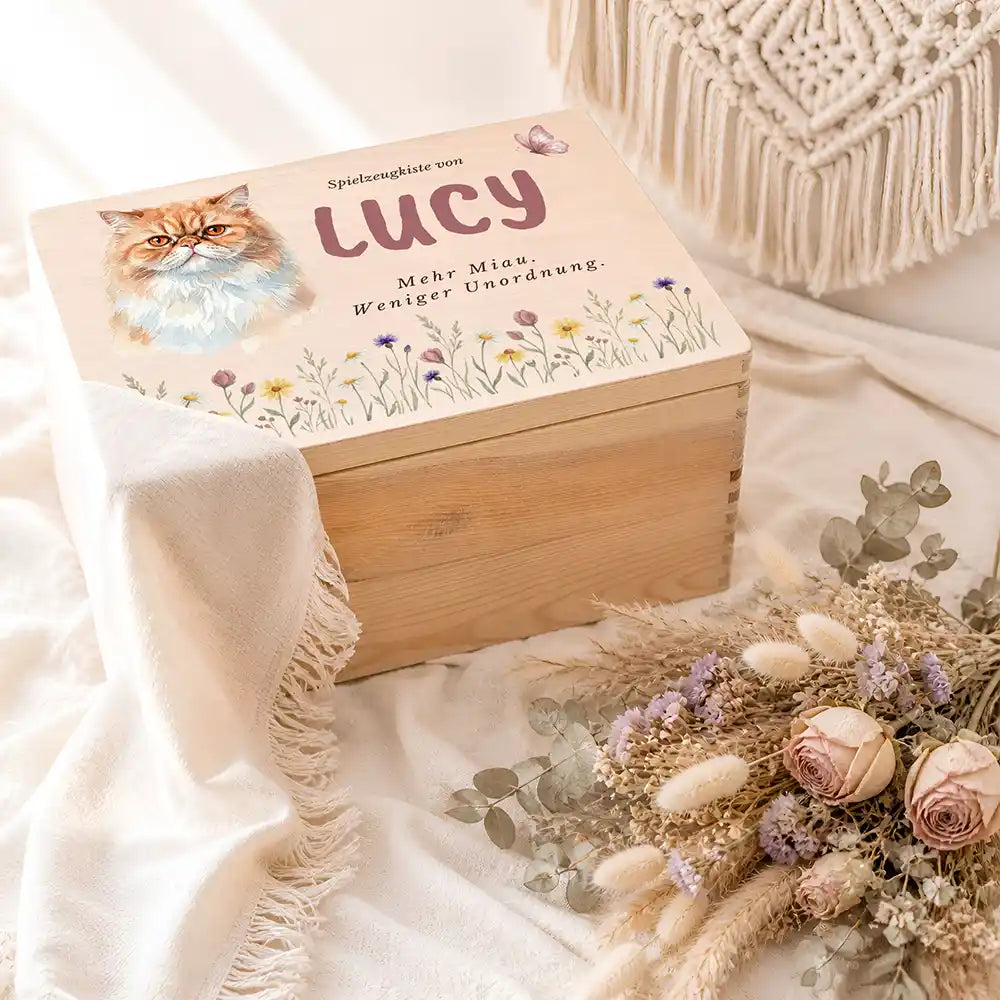 Personalisierte Spielzeugkiste Katze Wildblumen Sommerwiese – Ambiente Hundezubehör