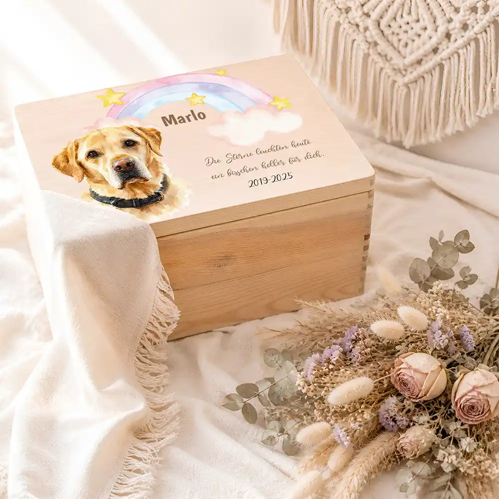 Tierurne Hund Holz – Aquarell-Porträt mit Sternenregenbogen, Ambiente mit Trockenblumen