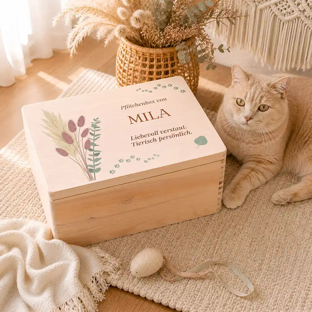 Personalisierte Aufbewahrungskiste Hund & Katze Pampagras mit Pfötchen-Spur – Ambiente Spielzeug Handtücher