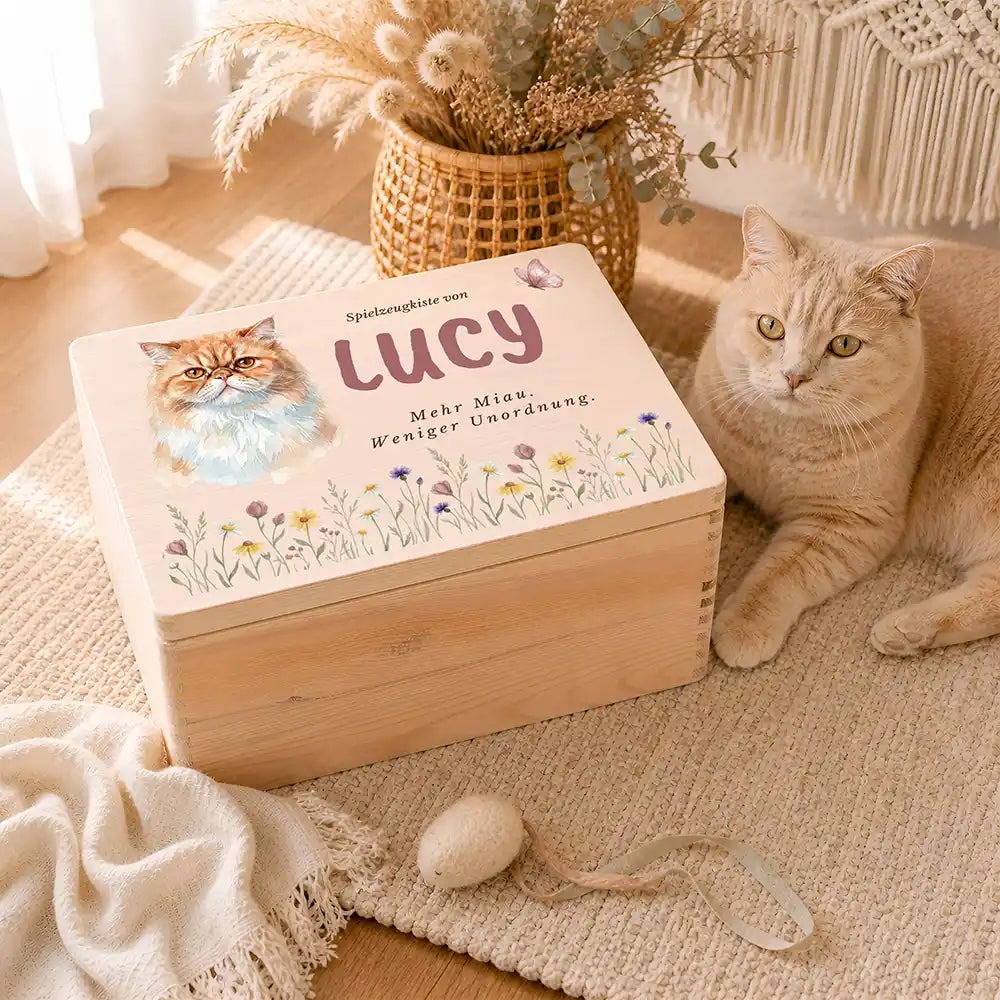 Personalisierte Spielzeugkiste Katze Wildblumen Sommerwiese – Ambiente Spielzeug Handtücher