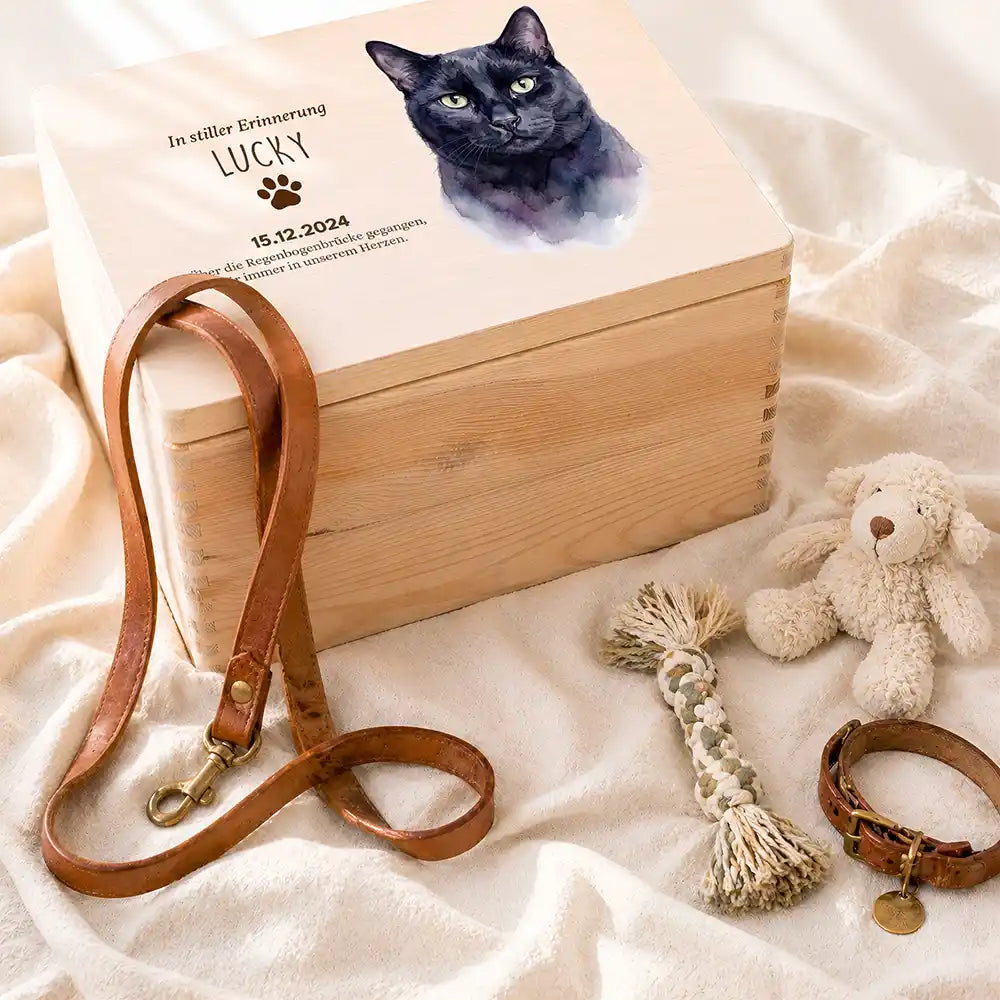 Tierurne Katze Holz – Aquarell-Porträt Katze mit Pfotenwidmung, Ambiente mit Erinnerungsstücken