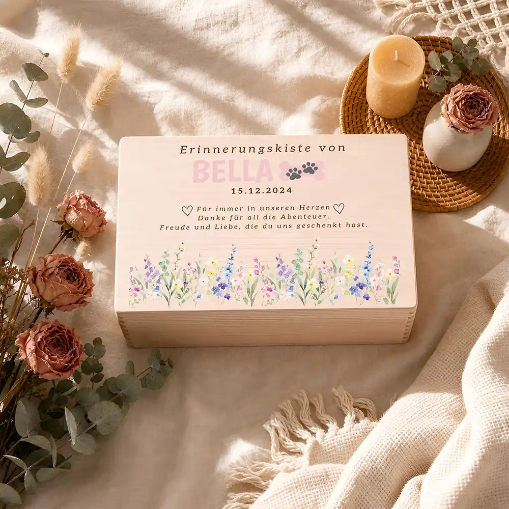 Tierurne Holz – Wildblumenwiese mit Pfötchen, Ambiente Gedenkecke