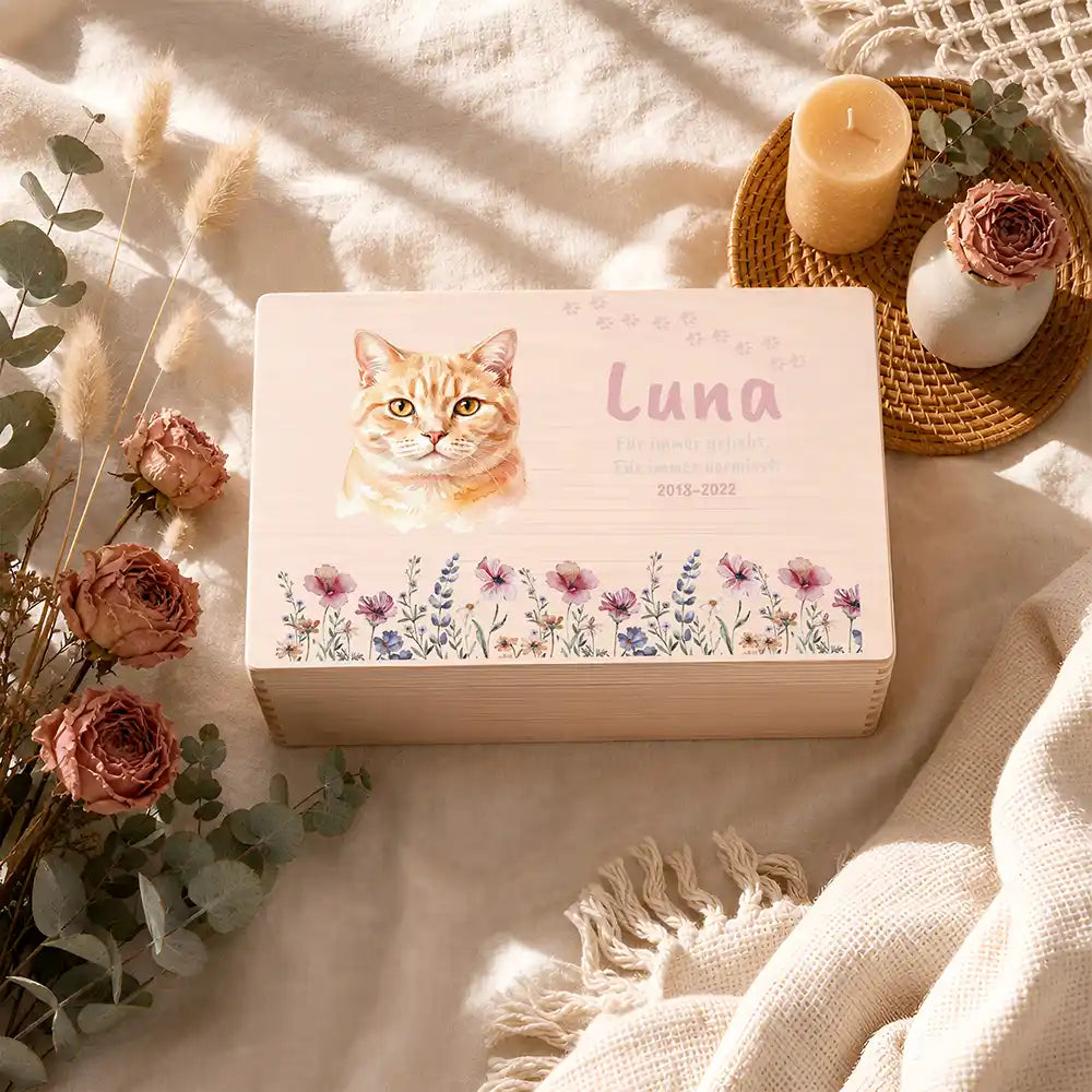 Tierurne Katze Holz – Aquarell-Porträt Katze mit Wildblumen, Ambiente Gedenkecke