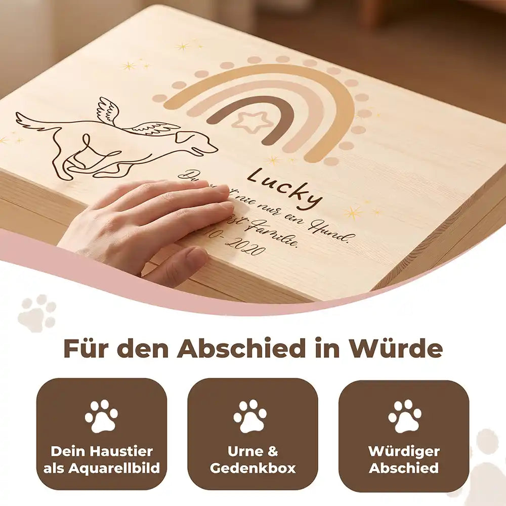 Tierurne Hund Holz – Boho-Regenbogen mit Engelshund, Für den Abschied in Würde