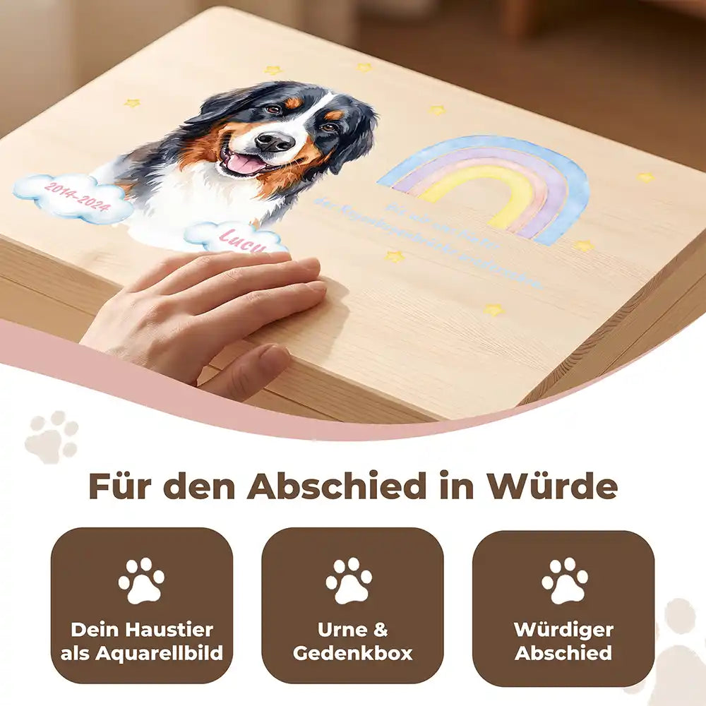 Tierurne Hund Holz – Aquarell-Porträt mit Regenbogenbrücke, Für den Abschied in Würde