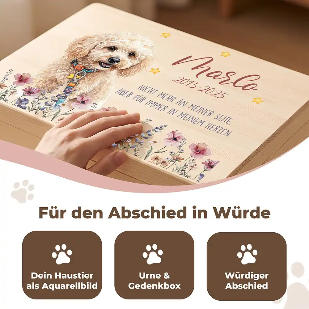 Tierurne Hund Holz – Aquarell-Porträt mit Wildblumenwiese, Für den Abschied in Würde