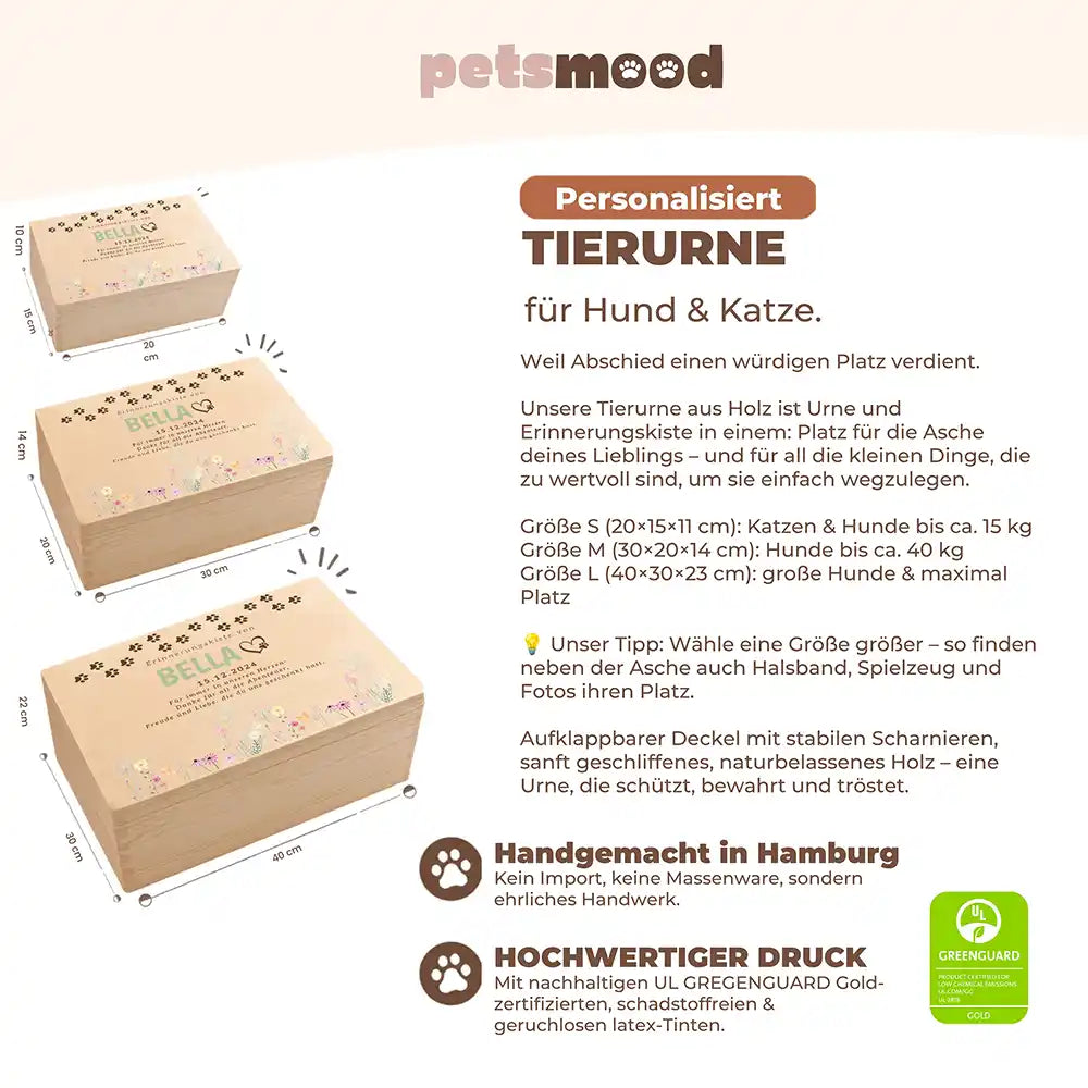 Tierurne Holz – Wildblumen zart mit Pfotenspur, Größenübersicht