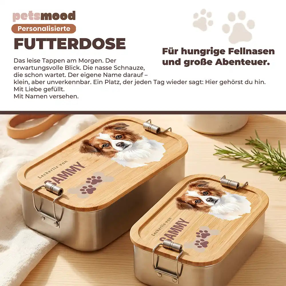 Personalisierte Leckerlidose Hund Klassisch mit Pfötchen-Trio – Detail Verschluss & Naht