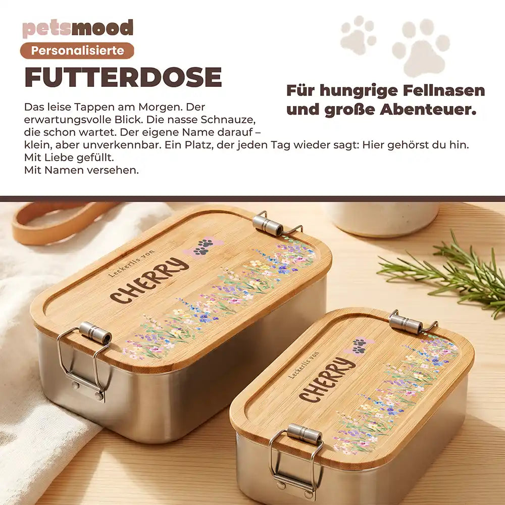 Personalisierte Leckerlidose Hund Wildblumen-Rand mit Pfötchen – Detail Verschluss & Naht