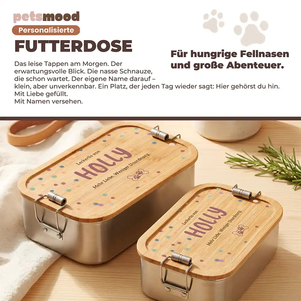 Personalisierte Leckerlidose Hund Pastell-Punkte mit Knochen-Pfote – Detail Verschluss & Naht