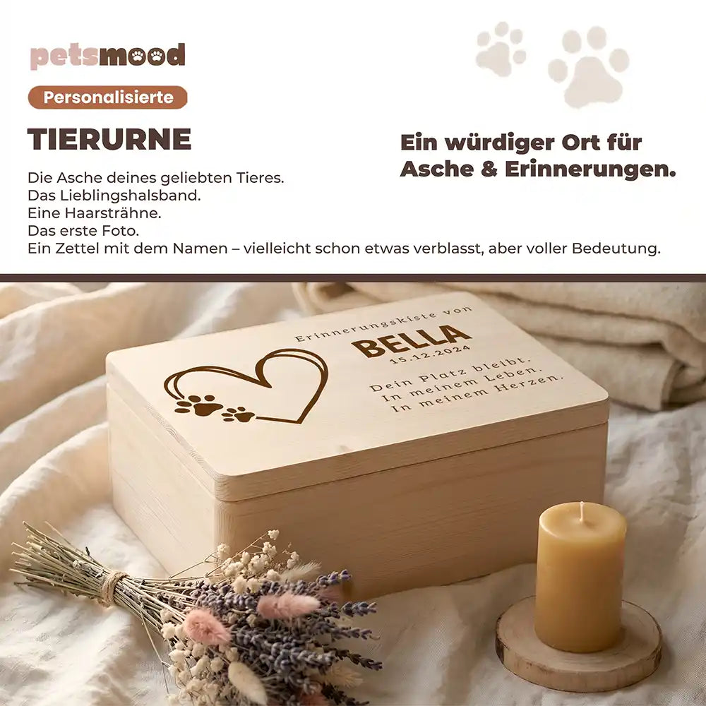 Tierurne Holz – Herzlinie mit Pfötchen, Platz für Asche und Erinnerungen