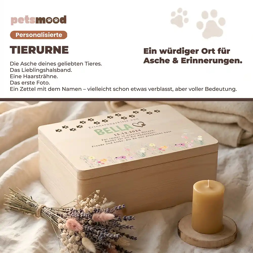 Tierurne Holz – Wildblumen zart mit Pfotenspur, Platz für Asche und Erinnerungen
