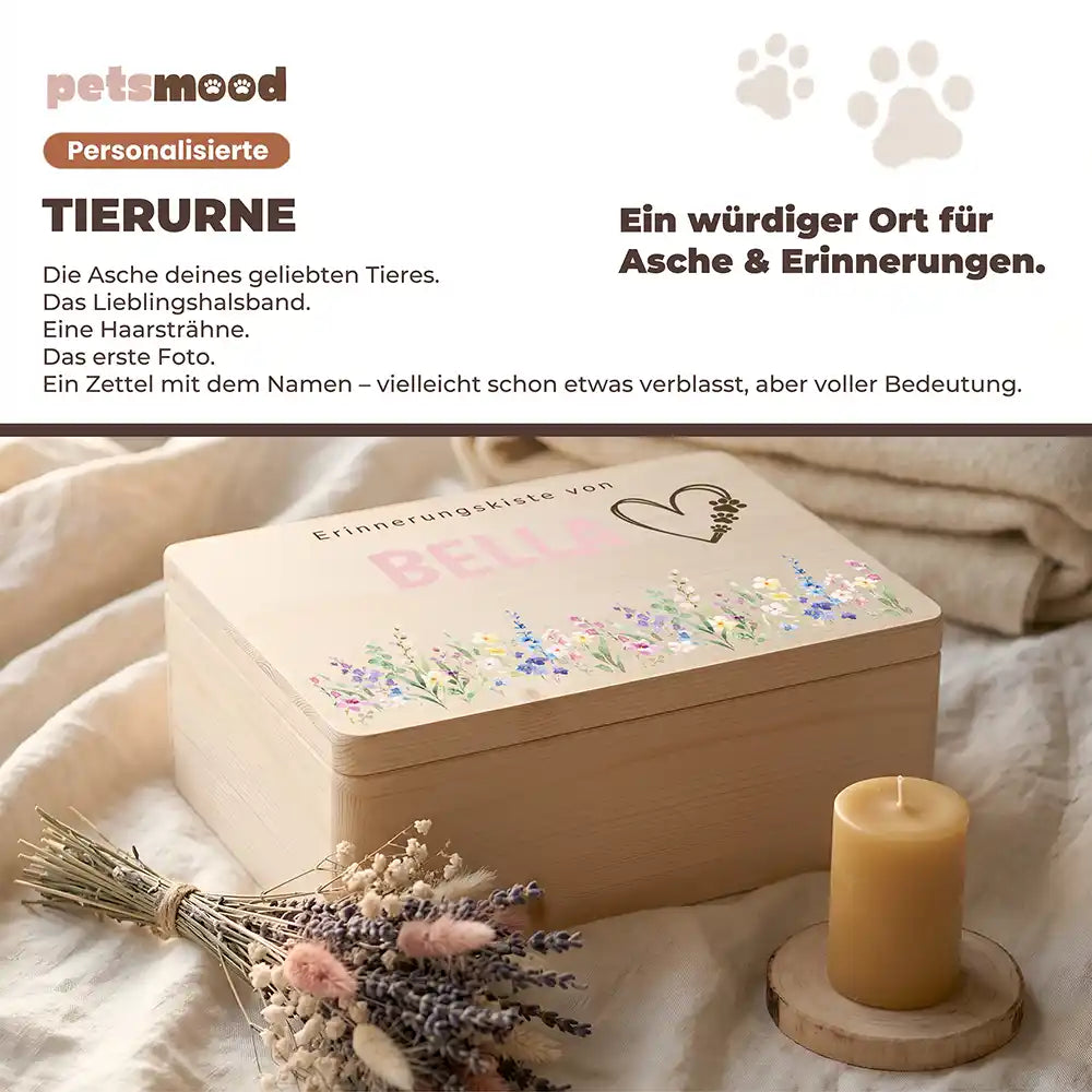 Tierurne Holz – Wildblumen mit Herz & Pfoten, Platz für Asche und Erinnerungen