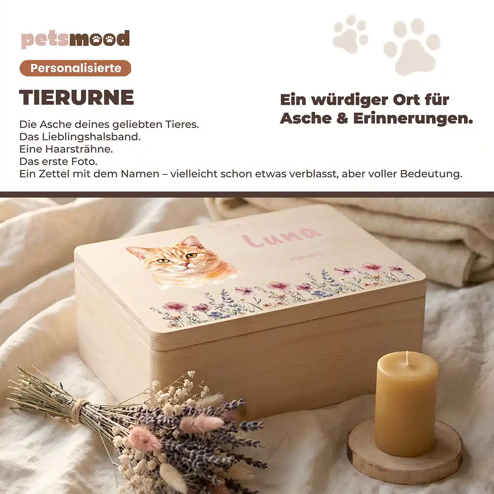 Tierurne Katze Holz – Aquarell-Porträt Katze mit Wildblumen, Platz für Asche und Erinnerungen