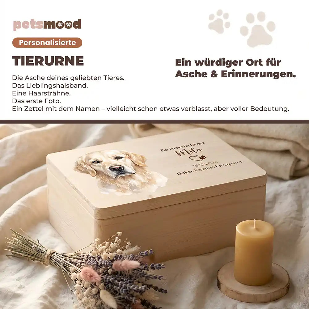 Tierurne Hund Holz – Aquarell-Porträt mit Herzwidmung, Platz für Asche und Erinnerungen