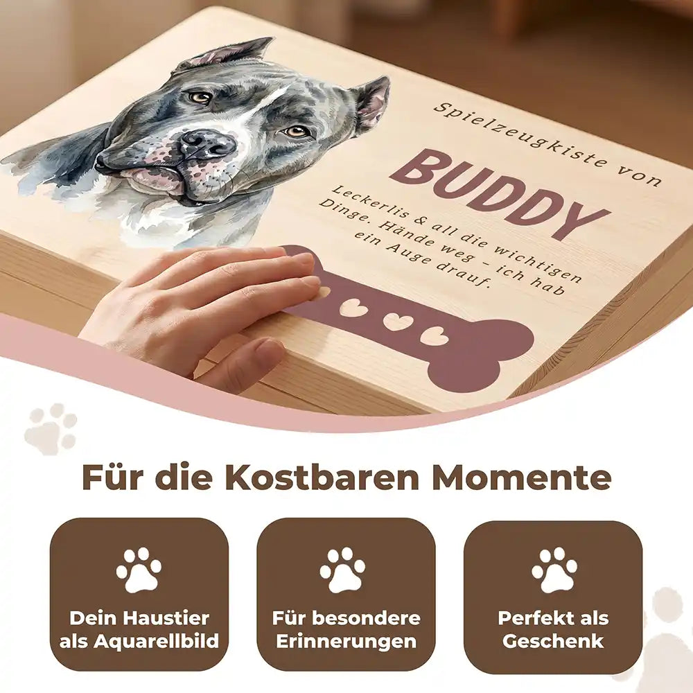 Personalisierte Spielzeugkiste Hund Knochen mit Herzen – Detail Handarbeit