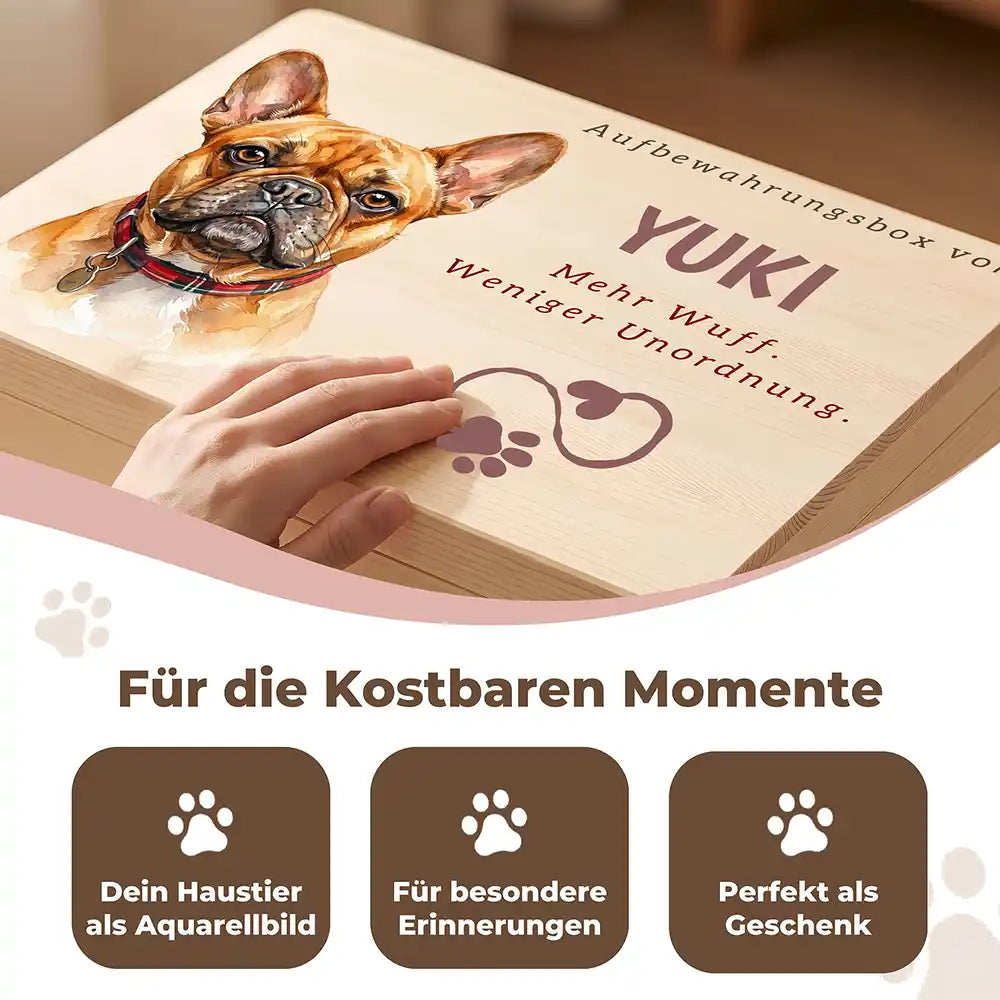 Personalisierte Aufbewahrungskiste Hund Mehr Wuff (Herz-Pfote) – Detail Handarbeit