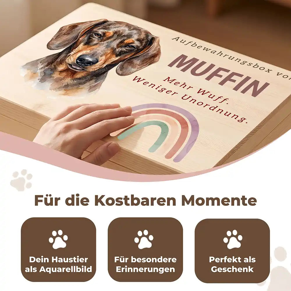 Personalisierte Aufbewahrungskiste Hund Regenbogen pastell – Detail Handarbeit