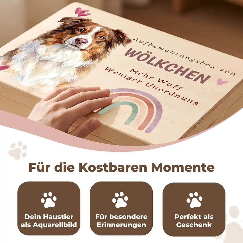 Personalisierte Aufbewahrungskiste Hund Regenbogen mit Herzen – Detail Handarbeit