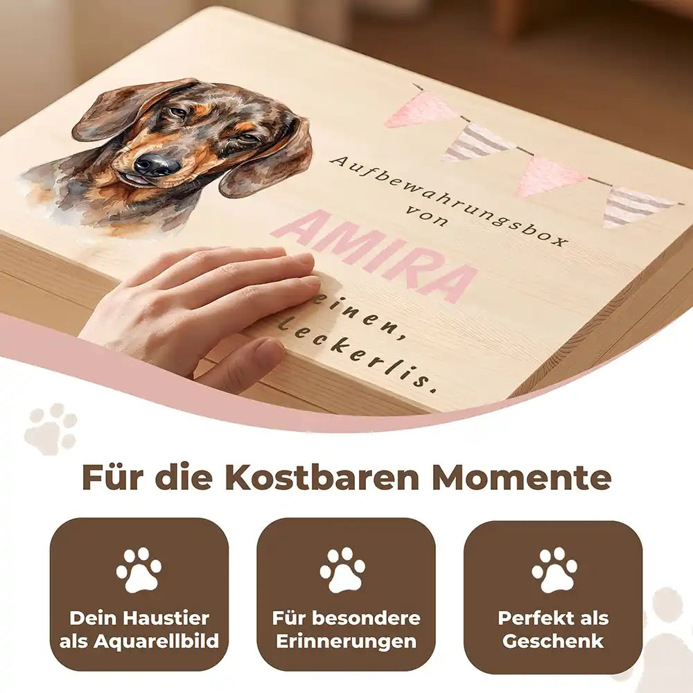 Personalisierte Aufbewahrungskiste Hund Wimpelkette pink – Detail Handarbeit