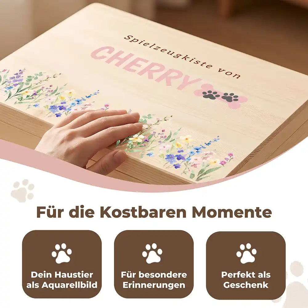 Personalisierte Spielzeugkiste Hund Wildblumen mit Knochen-Pfote – Detail Handarbeit