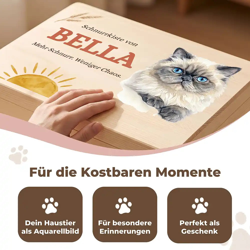 Personalisierte Aufbewahrungskiste Katze Schnurrkiste Sonnenaufgang – Detail Handarbeit