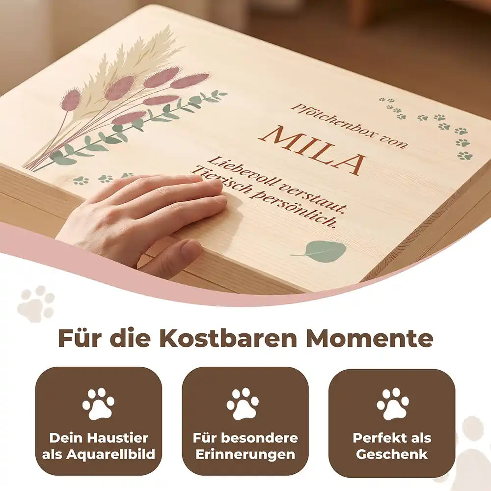Personalisierte Aufbewahrungskiste Hund & Katze Pampagras mit Pfötchen-Spur – Detail Handarbeit