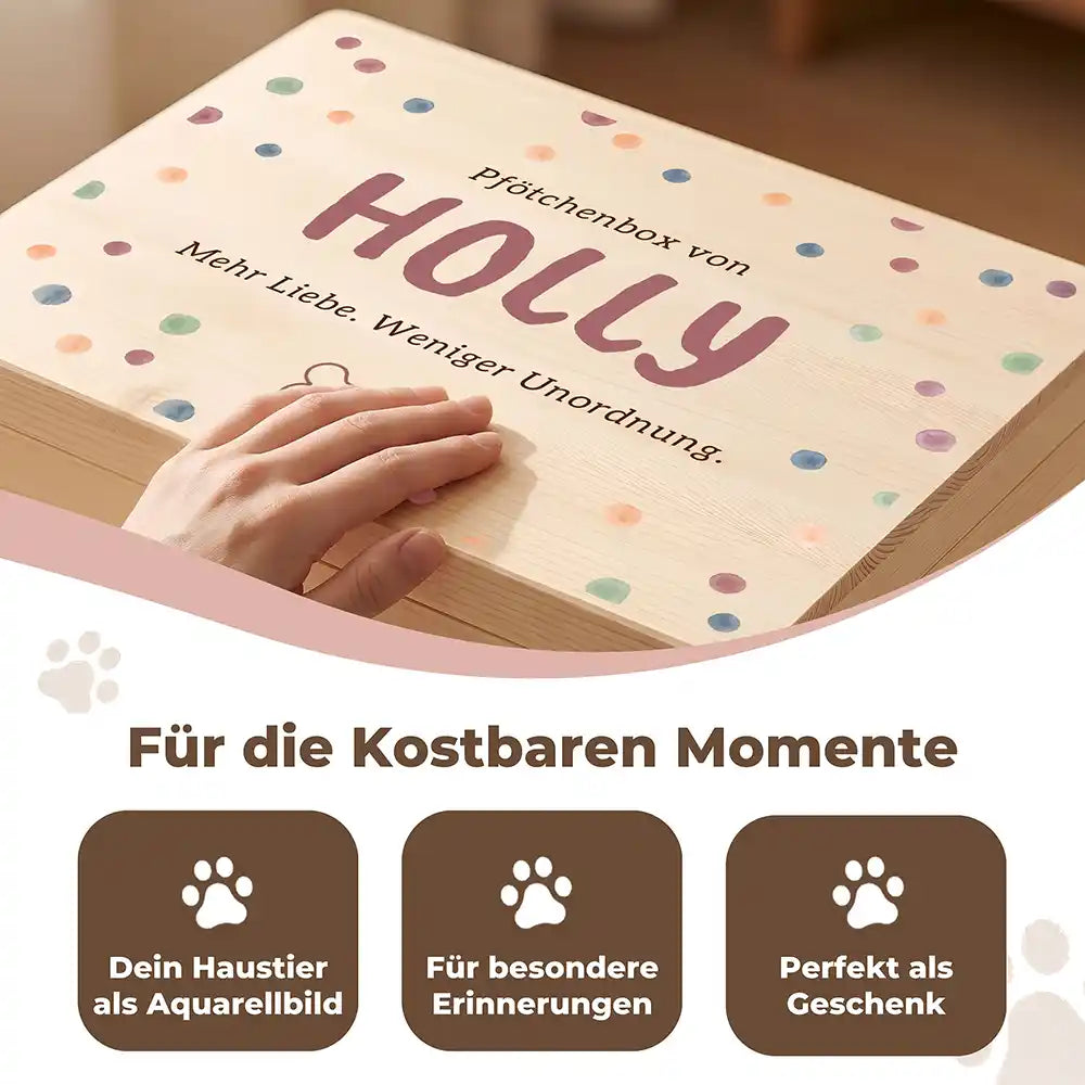 Personalisierte Aufbewahrungskiste Hund Pastell-Punkte mit Knochen-Pfote – Detail Handarbeit